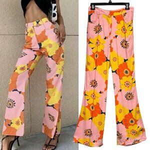 Zara Floral Print Flare Pants Sz.S Pink High Rise Viscose Dopamine Blogger Fav